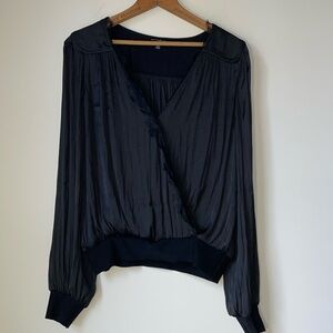 Current Air black silky Blouse surplice snap lace trim v neck sz med 18” PTP